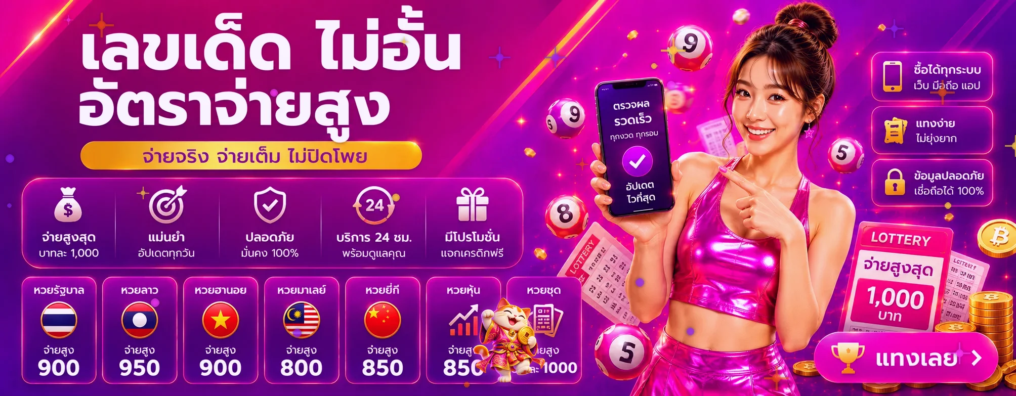 แบนเนอร์ หวย TGAMAX โทนม่วงชมพูพร้อมตัวละครเกม